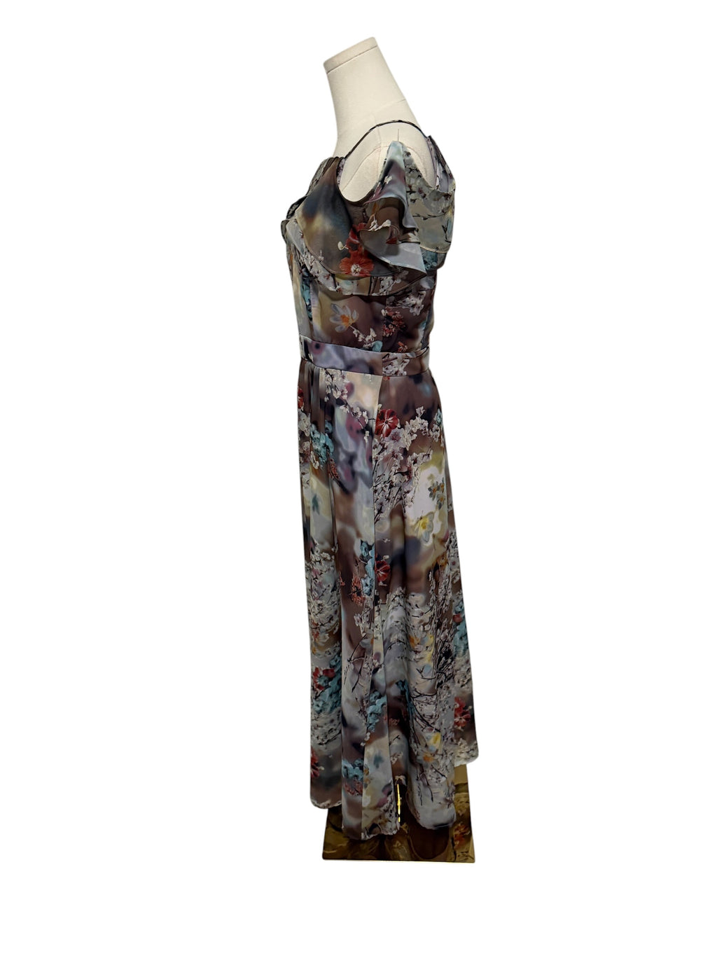 Nicole Miller Floral Print Ruffle Maxi Dress