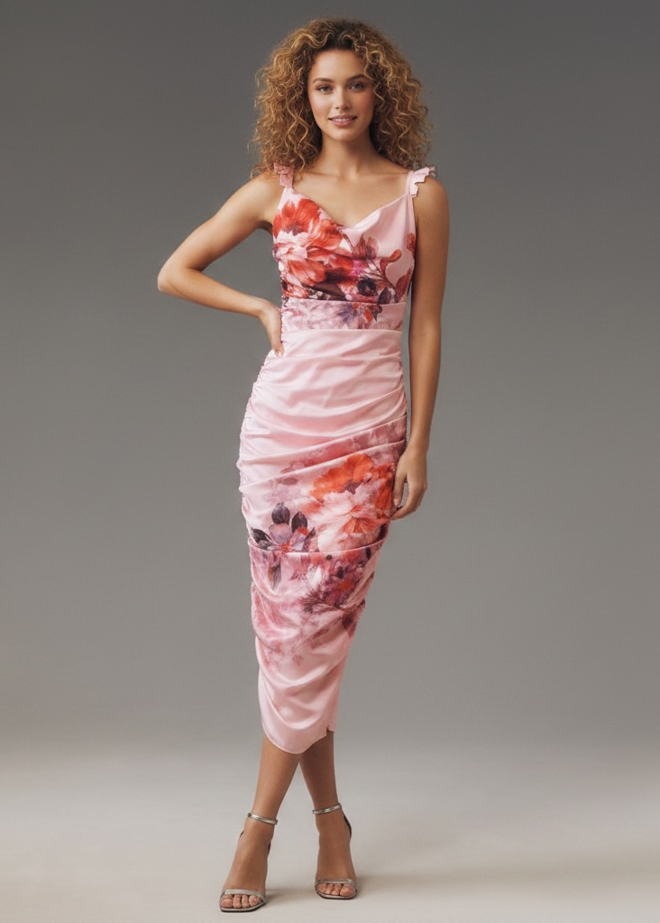 BHLDN Callie sleeveless ruched printed charmeuse midi dress