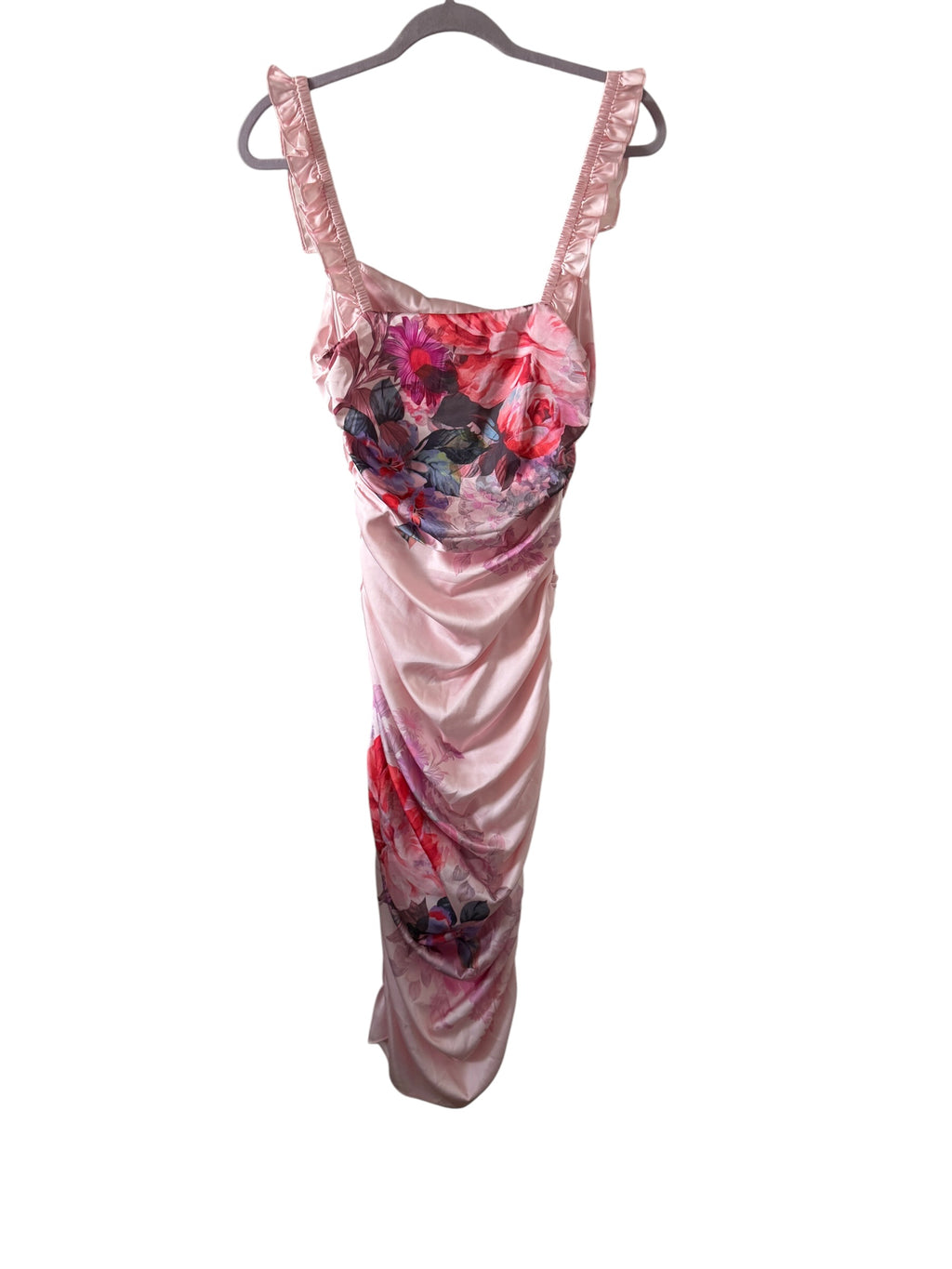 BHLDN Callie sleeveless ruched printed charmeuse midi dress
