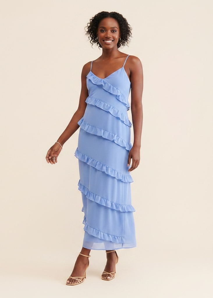 Maternity Nelliah Dress Light Blue Ruffle Slip Midi Dress