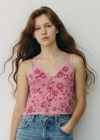 Madden Girl Pink Floral Lace Cami with Sequins