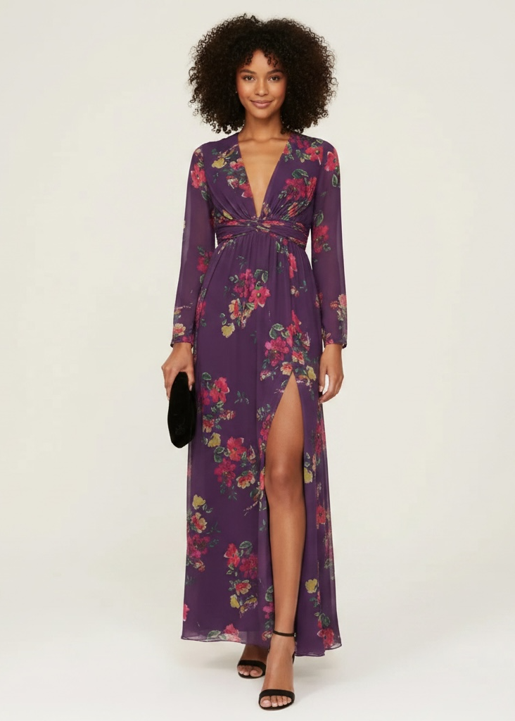 Mac Duggal Long Sleeve Ruched Top Deep V-Neckline Gown