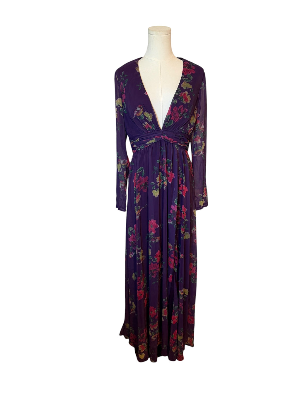 Mac Duggal Long Sleeve Ruched Top Deep V-Neckline Gown