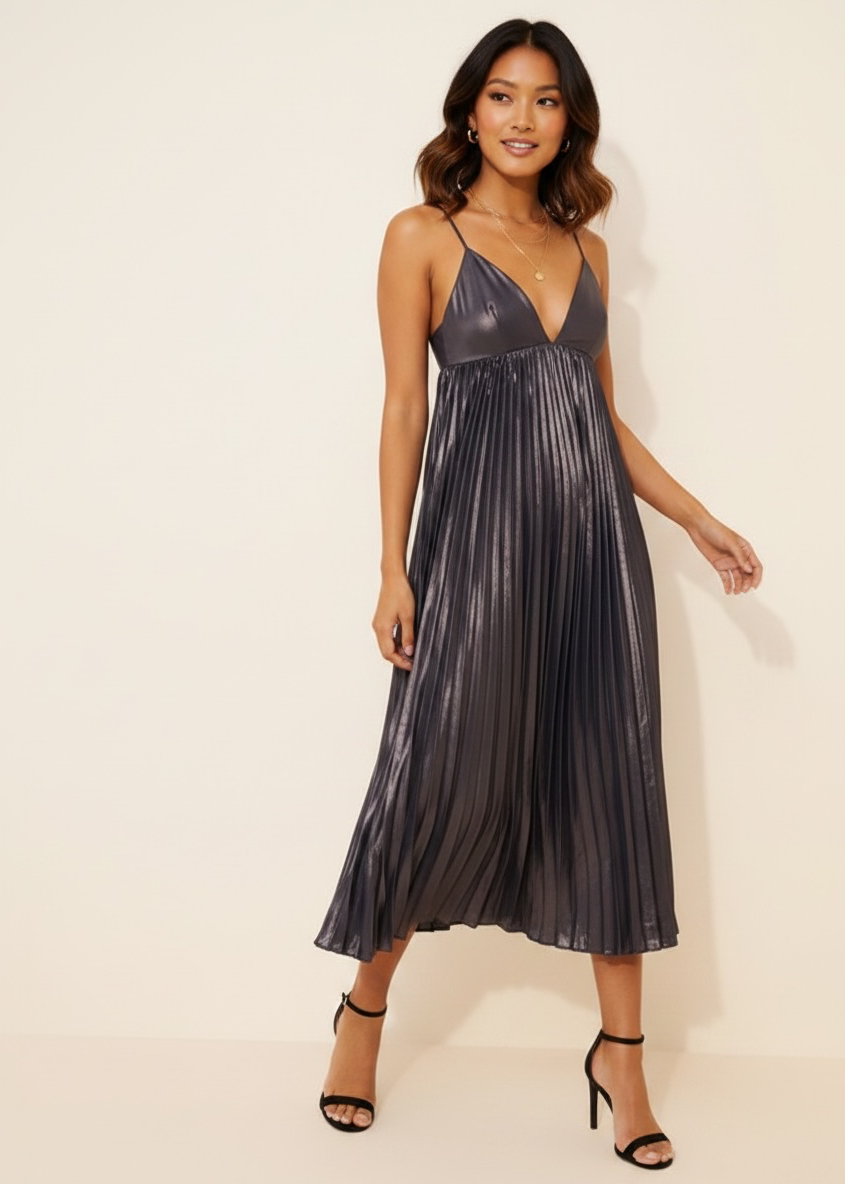 BHLDN Alessia Sleeveless V-Neck Pleated Crepe Midi Dress