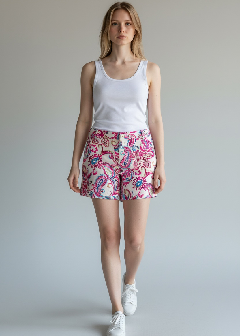 Lilly Pulitzer shorts feature a vibrant pink paisley print