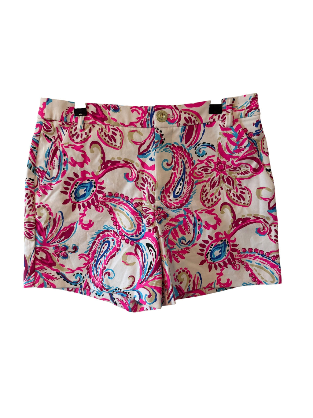 Lilly Pulitzer shorts feature a vibrant pink paisley print