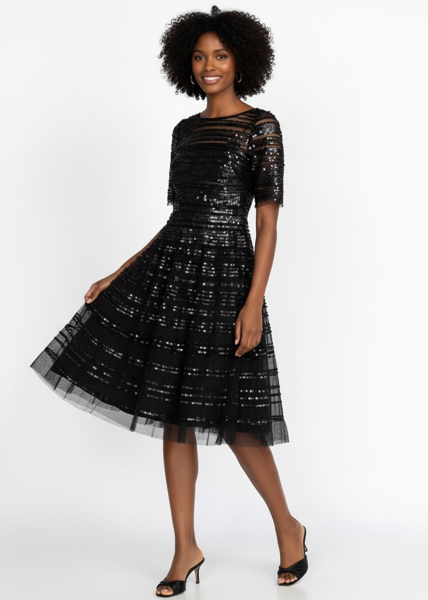 Johnny Was Beaded Mesh A-Line Dress Black