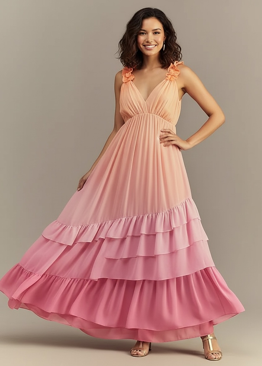 BHLDN Alivia V-Neck Ruffle Ombre Maxi Dress