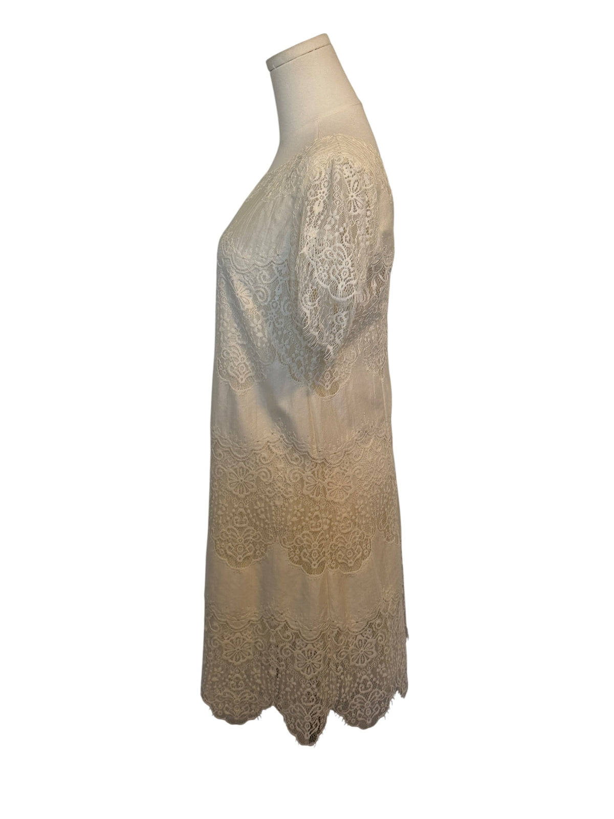 Beige lace dress on a mannequin against a white background