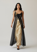 Vintage Loralie maxi dress features black lace appliques with butterfly details