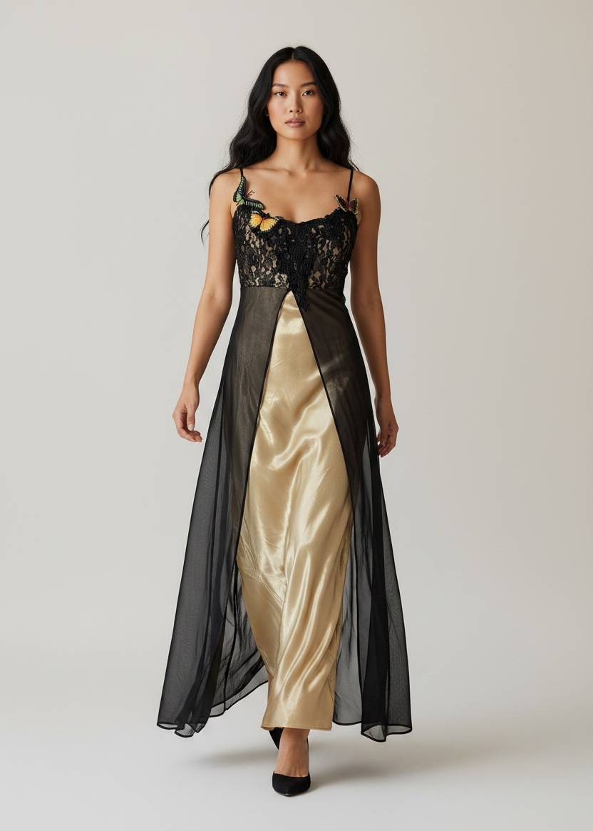 Vintage Loralie maxi dress features black lace appliques with butterfly details