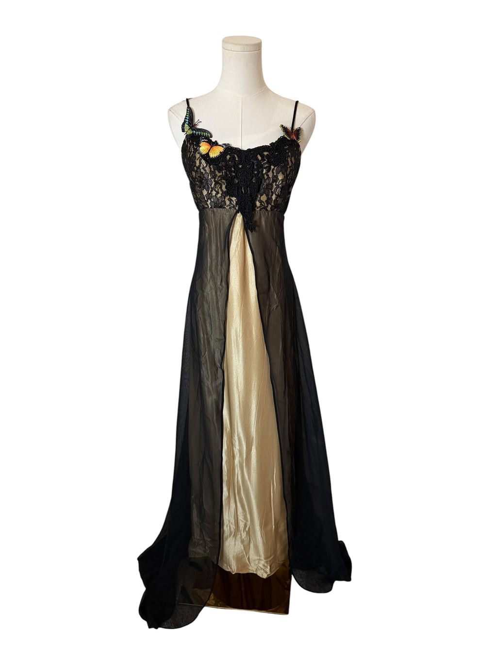 Vintage Loralie maxi dress features black lace appliques with butterfly details