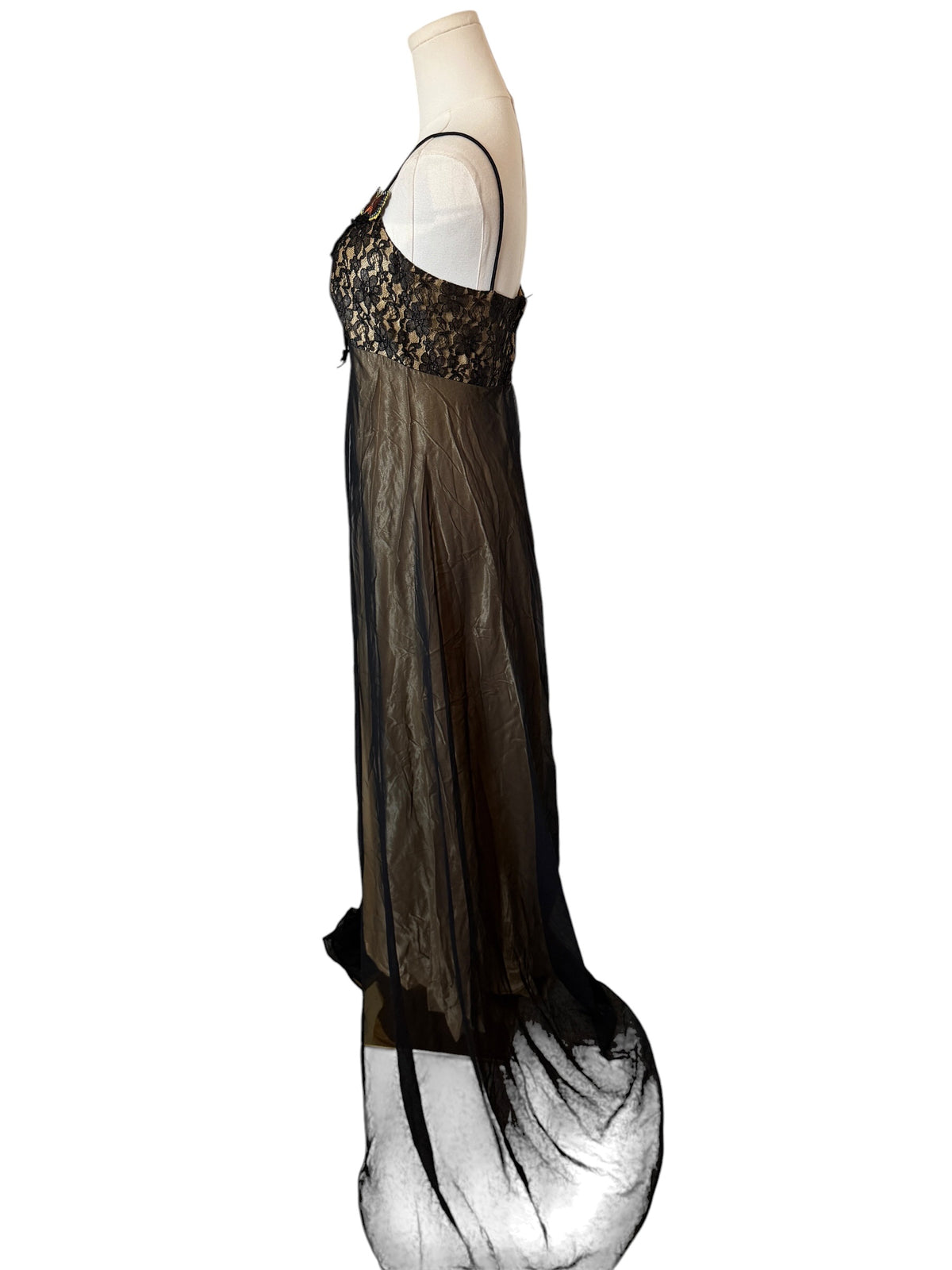 Vintage Loralie maxi dress features black lace appliques with butterfly details