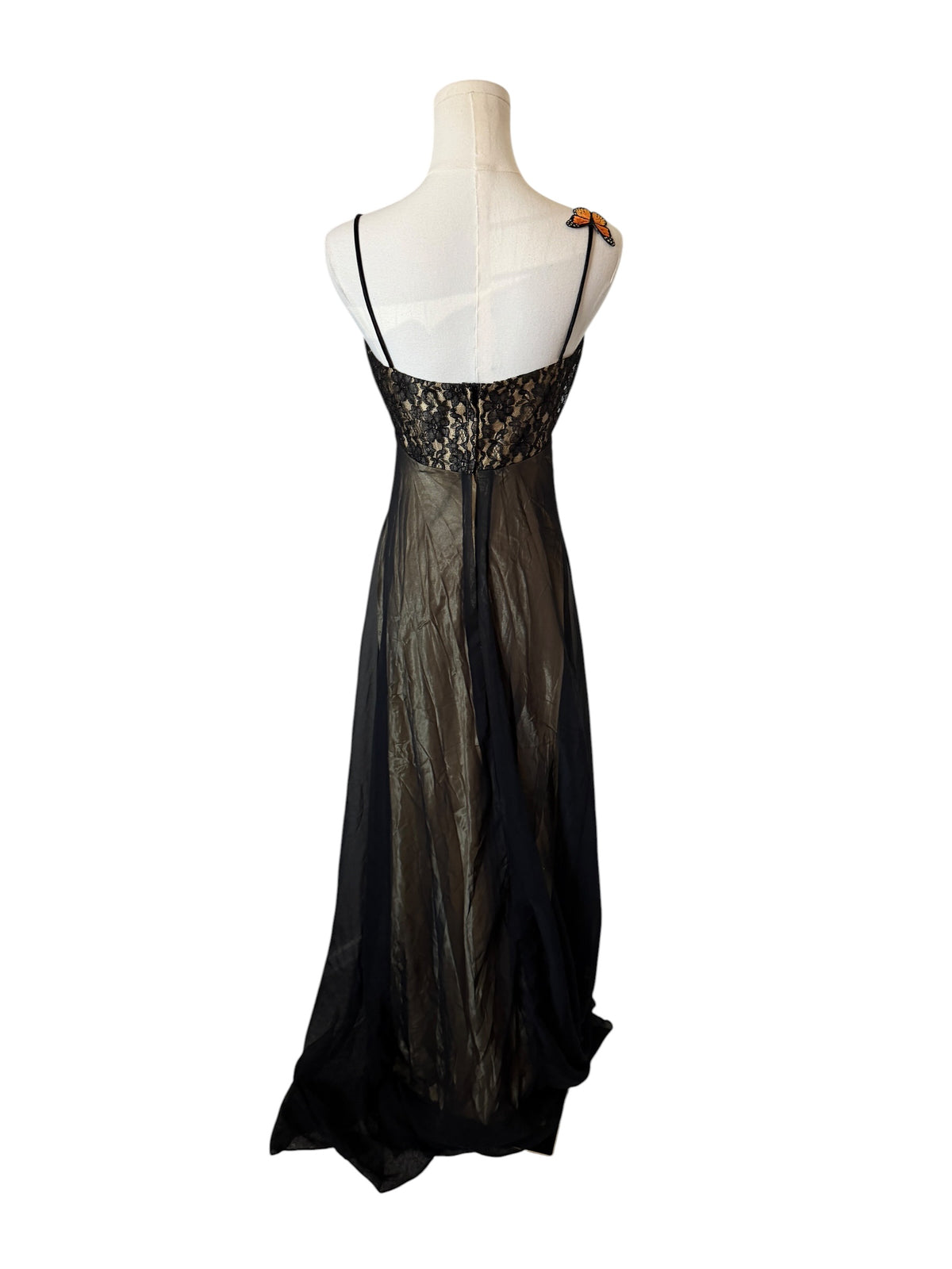 Vintage Loralie maxi dress features black lace appliques with butterfly details