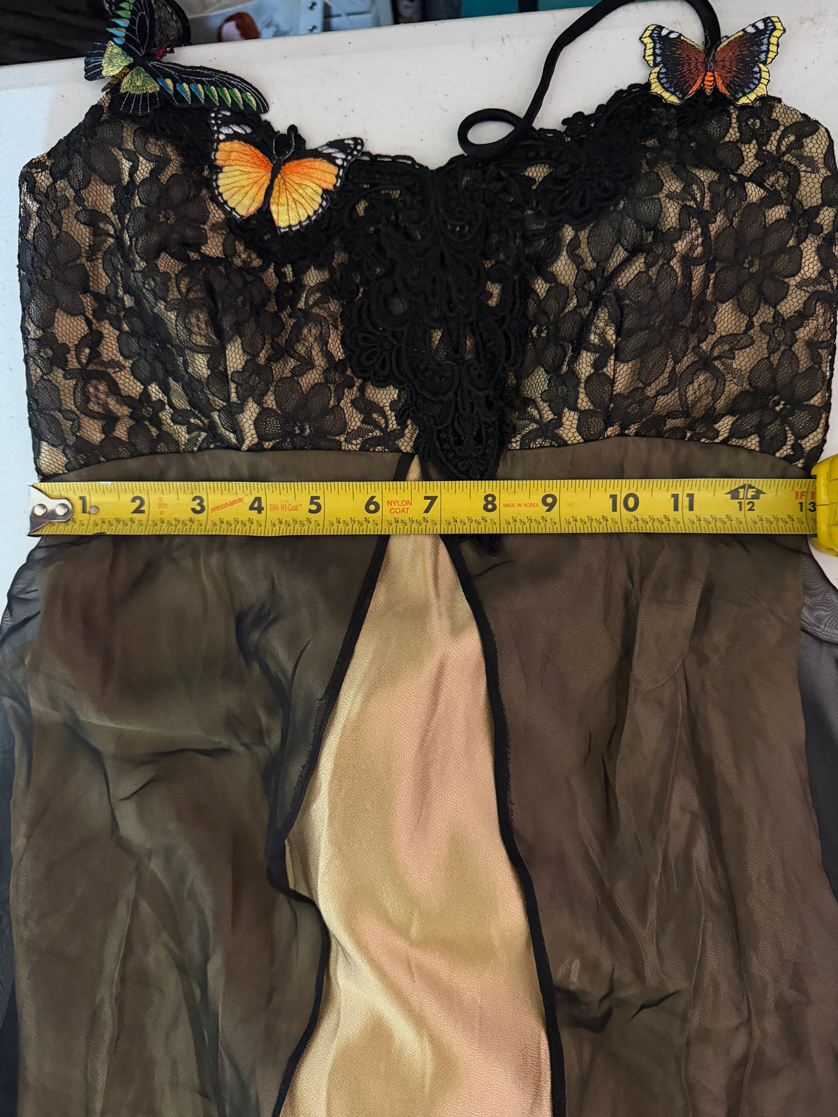 Vintage Loralie maxi dress features black lace appliques with butterfly details
