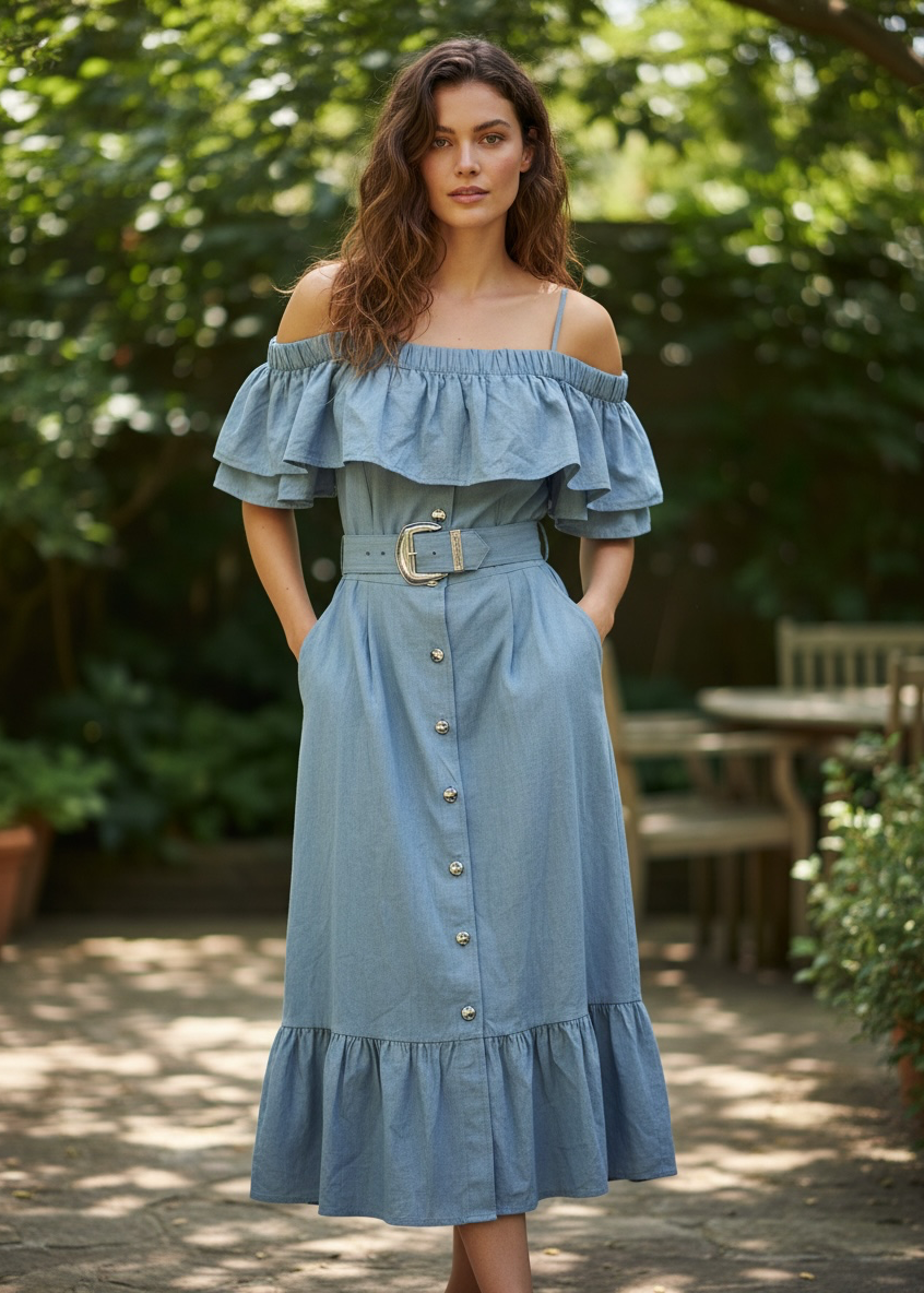 Choon Blue Off-Shoulder Ruffle Midi Dress with Belt