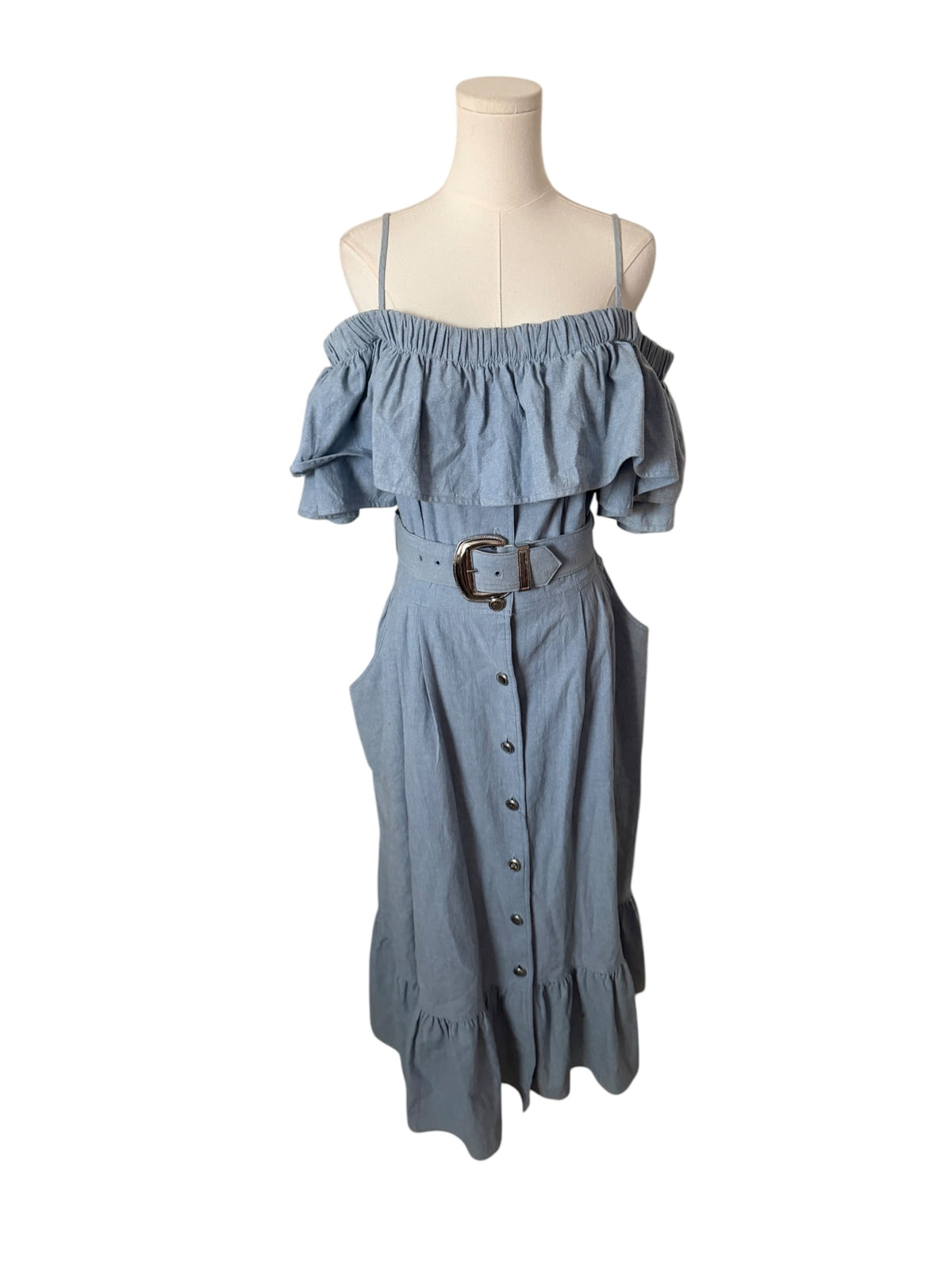 Choon Blue Off-Shoulder Ruffle Midi Dress with Belt