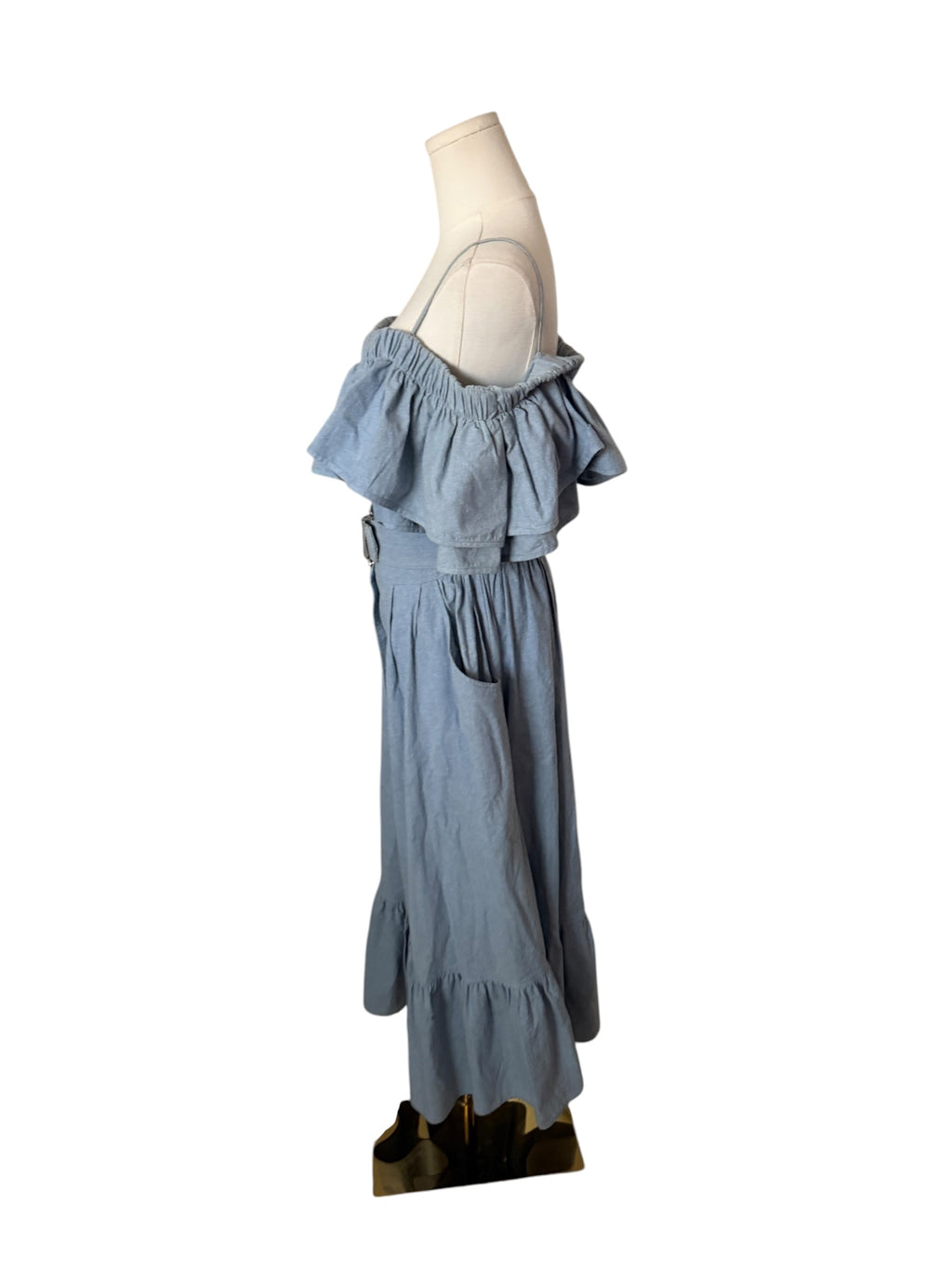 Choon Blue Off-Shoulder Ruffle Midi Dress with Belt