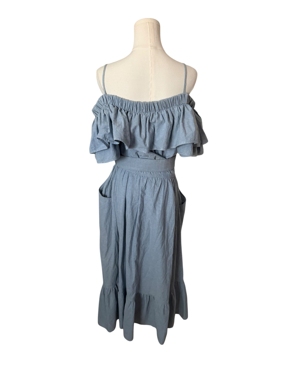 Choon Blue Off-Shoulder Ruffle Midi Dress with Belt