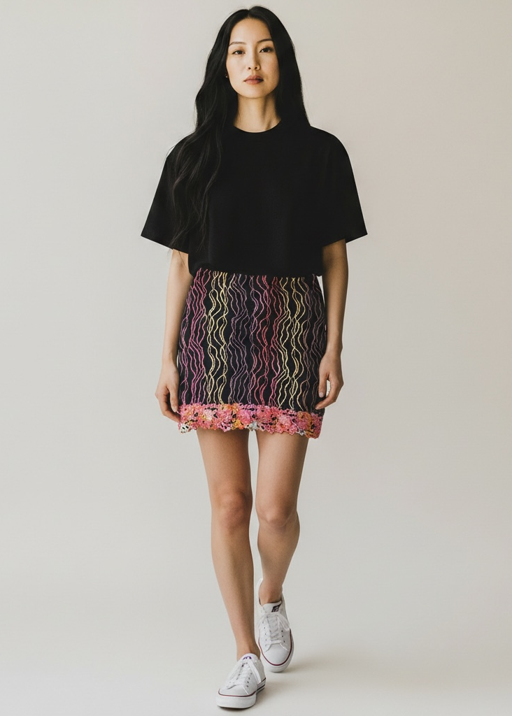 Nicole Miller Collection Black Embroidered Wave-Pattern Mini Skirt