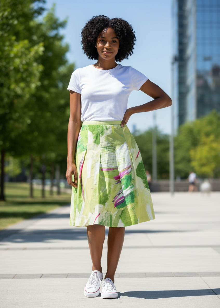 Melrose Green Abstract Print A-Line Skirt silk